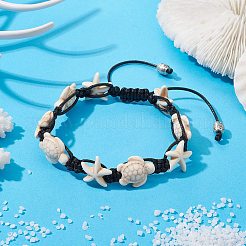 Synthetic Turquoise Starfish & Turtle Braided Bead Bracelet&nbsp;X-BJEW-TA00388-02