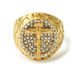 Ion Plating(IP) Cross 304 Stainless Steel Rhinestone Signet Rings Rings&nbsp;RJEW-Q815-10G-M