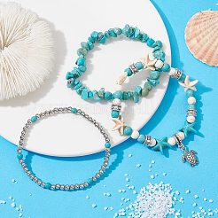 3Pcs 3 Style Synthetic Turquoise Chips & Starfish Beaded Stretch Bracelets Set&nbsp;BJEW-TA00391