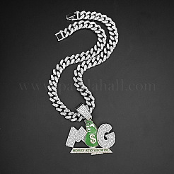 Hiphop Style Zinc Alloy Full Crystal Rhinestone Enamel Letter MG Green Money Bag Pendant Cuban Link Chain Necklaces for Men&nbsp;WGCD60A-02