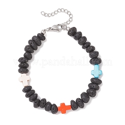 Synthetic Turquoise Cross & Natural Lava Rock Nuggets Beaded Bracelets&nbsp;BJEW-JB12194