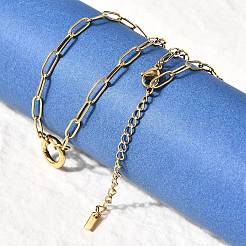 304 Stainless Steel Ring Pendant Paperclip Chain Necklaces for Women&nbsp;NJEW-Z091-02G