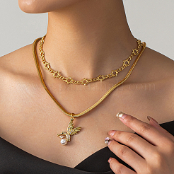 Vintage 201 Stainless Steel & Brass Snake Chain Double-layered Clear Cubic Zirconia Bird Pendant Necklaces&nbsp;IF6891