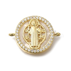 Brass Micro Pave Clear Cubic Zirconia Flat Round Saint Benedict Connector Charms, Cadmium Free & Lead Free, with Natural Shell, Real 16K Gold Plated, 16x21.5x3.5mm, Hole: 1.2mm