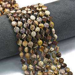 Natural Zebra Jasper Beads Strands, with Seed Beads, Faceted Rhombus Cut Coin Beads, Flat Round, 6~6.5x4mm, Hole: 0.6mm, about 51pcs/strand, 15.43''(39.2cm)