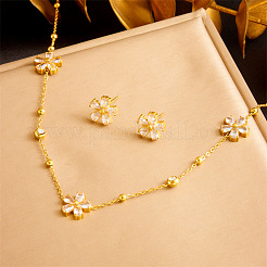 Flower Stainless Steel Pave Clear Cubic Zirconia Chain Necklace & Bracelet & Stud Earring Sets&nbsp;FS-WGF2DAD-01