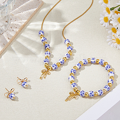 Flower Printed Porcelain Bead with Brass Bowknot Dangle Stud Earrings & Charm Bracelet & Pendant Necklaces Sets&nbsp;SJEW-DC00004