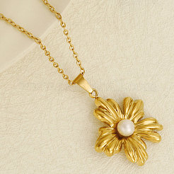 French Style 304 Stainless Steel Pave Natural Pearl Flower Pendant Necklaces&nbsp;OO0634-2