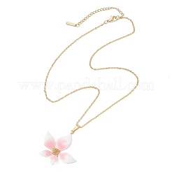 Pink Flower 304 Stainless Steel Enamel Pendant Cable Chain Necklaces for Women&nbsp;NJEW-JN05999