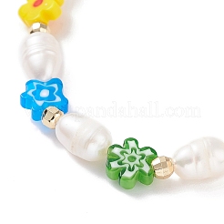 Natural Pearl & Millefiori Glass Beaded Stretch Bracelet with Heart and Coin Charm for Women&nbsp;BJEW-TA00060