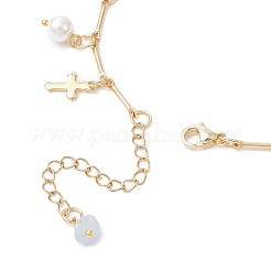 3Pcs 3 Styles Natural Aquamarine & White Moonstone & Green Aventurine Chip & Round Shell Pearl Cross Tassel Anklets&nbsp;AJEW-AN00716