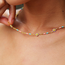 Bohemian Beach Vacation Brass Enamel Sunflower Handmade Link Chain Necklaces Women's Date Gift&nbsp;HM4276