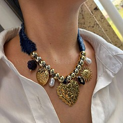 316L Surgical Stainless Steel & Resin & Plastic Pearl Heart Pendant Denim Cloth Bib Necklaces for Women&nbsp;WGD44EE-01