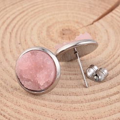 Flat Round 304 Stainless Steel Druzy Resin Ear Studs&nbsp;X-EJEW-JE01964