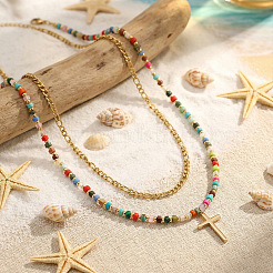 Stainless Steel Religion Cross Pendant Colorful Natural Mixed Gemstone Heishi Beaded Double Layer Necklaces for Women&nbsp;OM0198-1
