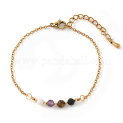 Faceted Round Natural Black Onyx(Dyed & Heated) & Tiger Eye & Amethyst & Shell Beaded Bracelets with Stainless Steel Cable Chains&nbsp;NW1316