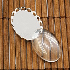 Brass Cabochon Settings and Oval Transparent Clear Glass Cabochons for DIY Jewelry Making&nbsp;KK-MSMC015-14S-RS
