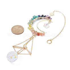 Wire Wrapped Gemstone Chip & Brass Moon Pendant Decoration&nbsp;HJEW-TA00089