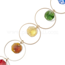 Colorful Glass Octagon Beads & Brass Rings Hanging Ornaments&nbsp;HJEW-JM02145