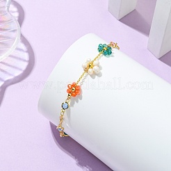 Natural Cultured Freshwater Pearl & Brass & Glass Link Bracelets for Women&nbsp;BJEW-JB14110