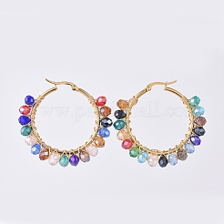 Electroplate Glass Faceted Rondelle Hoop Earrings&nbsp;X-EJEW-JE04021-03