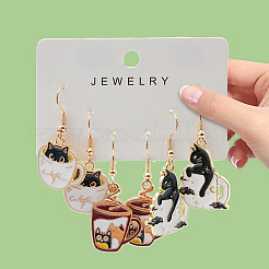 Cat Shape with Cup 3 Pairs Zinc Alloy Enamel Dangle Earrings&nbsp;FS-WG2E6B6-01