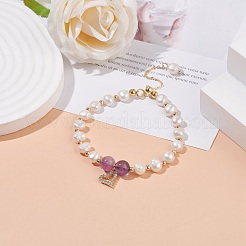 Natural Amethyst & Pearl Beaded Bracelet with Cubic Zirconia Heart Charm&nbsp;BJEW-JB08167-01