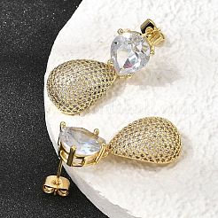Brass Clear Cubic Zirconia Dangle Stud Earrings&nbsp;EJEW-A162-04G