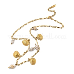 Summer Beach Natural Shell & 304 Stainless Steel Shell Shape Pendant Necklaces for Women&nbsp;NJEW-A059-01G