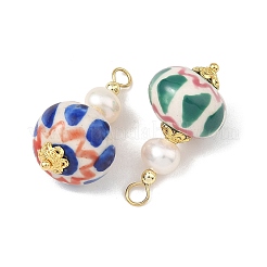 Handmade Porcelain & Natural Cultured Freshwater Pearl & Non-magnetic Synthetic Hematite & Brass Pendants&nbsp;PALLOY-JF05913