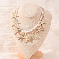 Ocean Imitation Pearl Beaded Alloy Starfish Bib Necklace Sets&nbsp;NJEW-Z116-03G