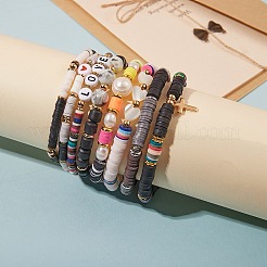 8Pcs 8 Style Polymer Clay Heishi & Natural Pearl & Natural Sea Shell Beads Stretch Bracelets Set for Girl Women&nbsp;BJEW-SZ0001-82