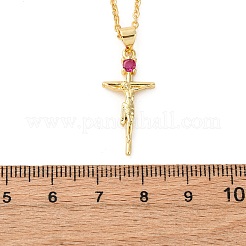 Religion Brass Pave Deep Pink Cubic Zirconia Jesus Cross Pendant Necklaces&nbsp;NJEW-L184-01G
