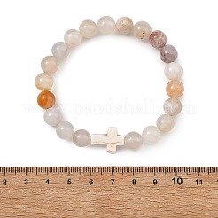Natural Cherry Blossom Agate & Synthetic Turquoise Cross & Round Beaded Stretch Bracelets for Women Men&nbsp;BJEW-JB13926-01