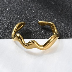 PVD Vacuum Plating 304 Stainless Steel Wave Open Cuff Ring for Women&nbsp;RJEW-C040-02G