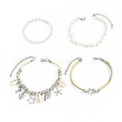 4Pcs Bohemian Style Zinc Alloy & Plastic Pearl & Natural Shell & CCB Plastic Anklet Sets&nbsp;FS-WGD84C1-01