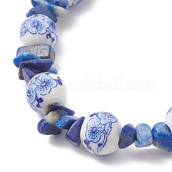 Handmade Flower Printed Porcelain Ceramic & Dyed Natural Lapis Lazuli Beaded Bracelets for Women&nbsp;BJEW-JB12967