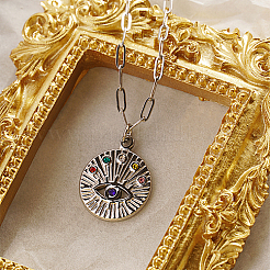304 Stainless Steel Rhinestone Flat Round with Eye Pendant Necklaces&nbsp;LS9934-2