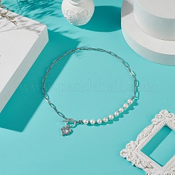 Clear Cubic Zirconia Heart Pendant Necklace with Natural Pearl Beaded&nbsp;NJEW-TA00048