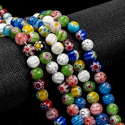 Millefiori Glass Round-Single Flower Bead Strands&nbsp;LK14