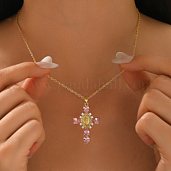 Elegant Brass Rose Rhinestone Virgin Cross Pendant Necklaces for Women&nbsp;CC4444