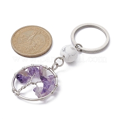 Natural Amethyst & Howlite  Chips Flat Round with Tree of Life Kcychain&nbsp;KEYC-JKC00563-04