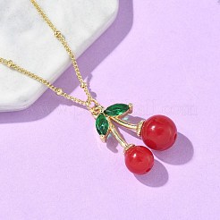 Brass Resin Fruit Cherry Pendant Satellite Chain Necklaces with Green Cubic Zirconia Leaf for Women&nbsp;NJEW-D306-03G