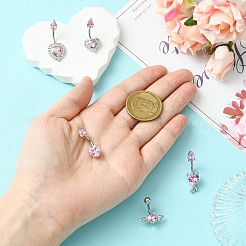 5Pcs 5 Styles Heart Teardrop 304 Stainless Steel Pearl Pink Cubic Zirconia Curved Barbell Belly Rings&nbsp;AJEW-CJ0001-58