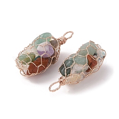 Rack Plating Copper Wire Wrapped Natural Mixed Stone Chip Big Pendants&nbsp;G-C130-01RG-09