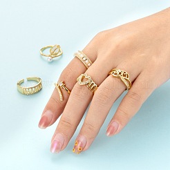 6Pcs 6 Styles Adjustable Brass Micro Pave Clear Cubic Zirconia Cuff Rings&nbsp;RJEW-LS0001-26G