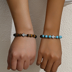 2Pcs 2 Styles Matte Natural Black Obsidian & Tiger Eye & Synthetic Turquoise Round Beads Stretch Bracelets&nbsp;IH5408