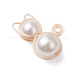 Copper Wire Wrapped Shell Pearl Round Beads Cat Shape Pendants&nbsp;PALLOY-TA00178