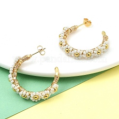 304 Stainless Steel & Bohemian Beaded C-Shaped with Flower Stud Earrings for Women&nbsp;EJEW-R001-03G-02