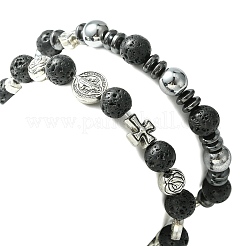 2Pcs 2 Style Natural Lava Rock & Alloy Saint Benedict Medal Beaded Stretch Bracelets Set&nbsp;BJEW-JB09635